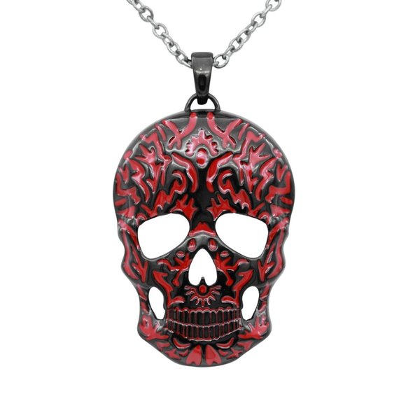 Other - Red Design Skull SST Necklace Black Ion Plating